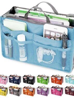 Purse Organizer/ Handbag/ Insert / Divider /Cosmetic Case/Aqua & Gray - NWT